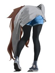 Rule 34 | 1girl, amiya (arknights), arknights, bent over, black pantyhose, blue footwear, brown hair, commentary, converse, denim, denim shorts, from behind, full body, grey sweater, highres, leaning forward, pantyhose under shorts, long hair, long sleeves, lumirumi, pantyhose, shorts, simple background, solo, standing, sweater, white background