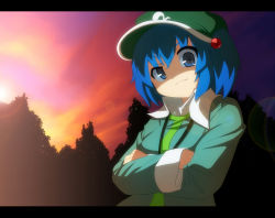 Rule 34 | 1girl, blue eyes, blue hair, crossed arms, female focus, hair bobbles, hair ornament, hat, kawashiro nitori, letterboxed, matching hair/eyes, nature, outdoors, plant, ryuu (multitask), short hair, sky, solo, sunset, touhou, twintails, two side up, upper body