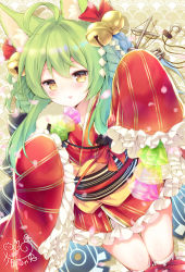 Rule 34 | 1girl, akashi (akashi&#039;s in the red nya!) (azur lane), akashi (azur lane), animal ear fluff, animal ears, azur lane, bell, blush, bow, cat ears, commentary request, crane (machine), frilled kimono, frilled sleeves, frills, gem, green hair, hair bell, hair between eyes, hair bow, hair ornament, japanese clothes, jingle bell, kabocha usagi, kimono, kneehighs, long hair, long sleeves, looking at viewer, parted lips, red bow, red kimono, ribbon-trimmed legwear, ribbon trim, short kimono, sleeves past wrists, smile, socks, solo, white socks, wide sleeves, yellow eyes