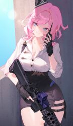 Rule 34 | 1girl, alternate costume, ar-15, assault rifle, assault visor, black gloves, black headwear, black skirt, blue eyes, breasts, buttons, cleavage, closed mouth, collarbone, elysia (honkai impact), fingerless gloves, gloves, gun, highres, holding, holding walkie-talkie, holding weapon, honkai (series), honkai impact 3rd, large breasts, lilithmy, looking away, pink hair, pointy ears, rifle, shirt, skirt, sky, smile, solo, standing, trigger discipline, upper body, walkie-talkie, weapon, white shirt