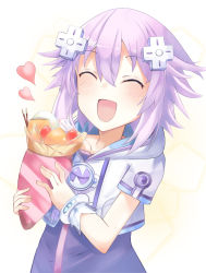 Rule 34 | 1girl, armlet, bimmy, blush, closed eyes, commentary, crepe, d-pad, d-pad hair ornament, dress, english commentary, food, hair between eyes, hair ornament, heart, highres, holding, holding food, hood, hoodie, neptune (neptunia), neptune (series), open mouth, purple dress, purple hair, short hair, short sleeves, sidelocks, simple background, solo, white background, white hoodie