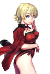 Rule 34 | 10s, 1girl, ass, blonde hair, blue eyes, blush, braid, breasts, cleavage, darjeeling (girls und panzer), covered erect nipples, female focus, girls und panzer, h kasei, jacket, jacket on shoulders, large breasts, lips, long hair, looking at viewer, one-piece swimsuit, red one-piece swimsuit, revision, simple background, smile, solo, swimsuit, white background