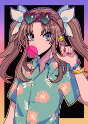 Rule 34 | 1girl, alternate costume, bracelet, blowing bubbles, candy, chewing gum, eyewear on head, floral print, food, hair ribbon, hawaiian shirt, highres, jewelry, kagerou (kancolle), kantai collection, lollipop, long hair, nail polish, pink nails, purple eyes, ribbon, rirashi, shirt, short sleeves, simple background, solo, twintails, upper body, white ribbon