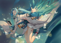 Rule 34 | 1girl, 2017, :d, aqua hair, bell, bug, butterfly, dated, earbuds, earphones, closed eyes, hatsune miku, highres, bug, japanese clothes, jingle bell, kimono, lian yao, long hair, open mouth, outstretched arm, panties, pantyshot, smile, socks, solo, twintails, underwear, very long hair, vocaloid