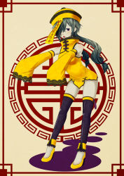 Rule 34 | 1girl, bottomless, chinese clothes, colored skin, detached sleeves, fang, female focus, green hair, grey skin, hair over one eye, hair ribbon, hat, high heels, jiangshi, long hair, ofuda, open mouth, original, purple eyes, ribbon, shoes, sleeves past wrists, solo, strawberry-69, thighhighs, twintails