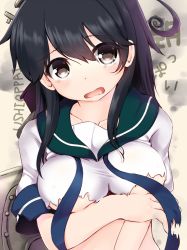 Rule 34 | 10s, 1girl, black eyes, black hair, blush, breasts, collarbone, kantai collection, komone ushio, large breasts, long hair, looking at viewer, open mouth, personification, school uniform, serafuku, solo, tears, torn clothes, underboob, ushio (kancolle)
