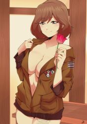 Rule 34 | 1girl, breasts, brown eyes, brown hair, brown jacket, cleavage, closed mouth, commission, delux drawings, flower, hair between eyes, harasaki nozomi, holding, holding flower, indoors, jacket, large breasts, leaning back, leaning on object, leather, leather jacket, long sleeves, looking at viewer, medium hair, navel, no bra, off shoulder, open clothes, open jacket, patch, sega, shenmue, shenmue the animation, signature, smile, solo, standing, swept bangs, table, thighs, undressing, watermark