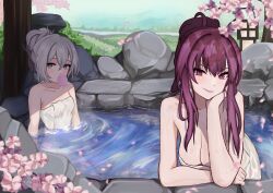 Rule 34 | 2girls, absurdres, alternate hairstyle, bare arms, bare shoulders, breasts, blowing bubbles, cherry blossoms, cleavage, commentary request, grey eyes, grey hair, hair between eyes, hand up, highres, honkai: star rail, honkai (series), kafka (honkai: star rail), large breasts, lavriell, long hair, looking at viewer, multiple girls, naked towel, onsen, partially submerged, petals, pink lips, ponytail, purple eyes, purple hair, short hair, silver wolf (honkai: star rail), towel, water