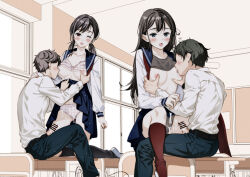 2boys 2girls :o bar_censor belt black_belt black_socks blue_sailor_collar blue_skirt blush bukkake censored chair classroom collared_shirt commentary_request commission cum desk erection faceless faceless_male highres indoors kneeling lifting_another&#039;s_clothes long_sleeves low_twintails moonsorrow multiple_boys multiple_girls neckerchief on_desk one_eye_closed original panties pants penis pixiv_commission polka_dot polka_dot_panties red_neckerchief red_socks sailor_collar school_chair school_desk school_uniform serafuku shirt short_twintails sitting skirt socks twintails underwear white_serafuku white_shirt