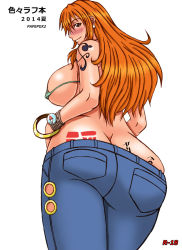 Rule 34 | 1girl, ass, bikini, bikini top only, blush, breasts, butt crack, denim, earrings, covered erect nipples, highres, huge ass, huge breasts, jeans, jewelry, long hair, nami (one piece), one piece, orange hair, pants, papepox2, sideboob, smile, solo, swimsuit, tattoo