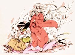 Rule 34 | 1boy, 1girl, animal ears, backpack, bag, barefoot, bead necklace, beads, black hair, breasts, crossed arms, dog ears, flying paper, full body, green sailor collar, green skirt, hair between eyes, hakama, hand on own face, higurashi kagome, inuyasha, inuyasha (character), japanese clothes, jewelry, kneeling, long hair, long sleeves, makochan, medium breasts, neckerchief, necklace, open mouth, pants, paper, pleated skirt, red neckerchief, red pants, red shirt, sailor collar, school uniform, shirt, skirt, standing, white hair, white shirt, wide sleeves, wind