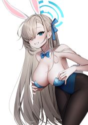 Rule 34 | 1girl, absurdres, animal ears, ankkoyom, asuna (blue archive), asuna (bunny) (blue archive), black pantyhose, blonde hair, blue archive, blue bow, blue bowtie, blue eyes, blue leotard, blue ribbon, bow, bowtie, breasts, commentary request, cowboy shot, detached collar, fake animal ears, grin, hair over one eye, hair ribbon, halo, highres, large breasts, leotard, long hair, looking at viewer, mole, mole on breast, pantyhose, playboy bunny, rabbit ears, rabbit tail, ribbon, simple background, smile, solo, standing, strapless, strapless leotard, tail, traditional bowtie, very long hair, white background