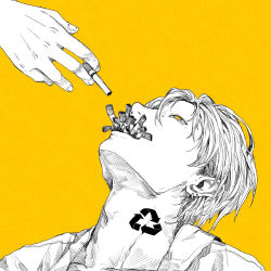 Rule 34 | 1boy, adam&#039;s apple, arrow (symbol), cigarette, commentary request, earrings, highres, jewelry, kamomiland, limited palette, looking up, male focus, mole, mole under eye, original, portrait, recycling symbol, short hair, solo focus, spot color, yellow background, yellow eyes, yellow theme