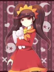 Rule 34 | 1girl, ashley (warioware), big hair, black hair, circle, cowboy shot, crescent, crescent moon, doll, dress, expressionless, gradient hair, hair ornament, heart, holding, long hair, mario (series), moon, multicolored hair, neckerchief, nintendo, outline, pantyhose, red eyes, skull, smile, solo, star (symbol), stuffed animal, stuffed rabbit, stuffed toy, swept bangs, twintails, warioware, yamikage gumi