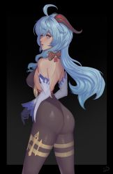 Rule 34 | 1girl, absurdres, ahoge, artist request, ass, bare shoulders, blue hair, blush, bodysuit, breasts, detached sleeves, from behind, ganyu (genshin impact), genshin impact, gloves, highres, horns, large breasts, leotard, long hair, looking at viewer, open mouth, pantyhose, purple eyes, shiny clothes, shiny skin, sideboob, solo, very long hair