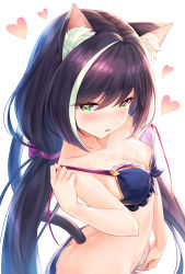 Rule 34 | 1girl, animal ear fluff, animal ears, bare shoulders, black hair, breasts, butt crack, cat ears, cat girl, cat tail, green eyes, heart, heart-shaped pupils, highres, karyl (princess connect!), karyl (summer) (princess connect!), long hair, looking at viewer, low twintails, multicolored hair, navel, princess connect!, small breasts, solo, streaked hair, symbol-shaped pupils, tail, tomo (tmtm mf mf), twintails, unfastened, white hair