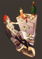 Rule 34 | 1girl, alcohol, beer, bonsai, bottle, brown hair, cake, cake slice, christmas, christmas tree, detached sleeves, dog, feet, food, hat, juice, long hair, mouth hold, pastry, pocky, purple eyes, refrigerator, santa hat, shiitake urimo, solo, thighhighs