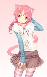Rule 34 | 1girl, :&lt;, animal ears, blush, cat ears, cat tail, gradient background, highres, long hair, original, pink eyes, pink hair, ponytail, ribbon-trimmed clothes, ribbon trim, simple background, skirt, solo, striped clothes, striped thighhighs, tail, thighhighs, zizi (zz22)