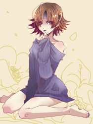 Rule 34 | 1girl, bare shoulders, barefoot, black eyes, brown hair, chesed, feet, female focus, headband, nail polish, no pants, plant, sengoku musou, sengoku musou 2, short hair, sitting, solo, sweater, tachibana ginchiyo