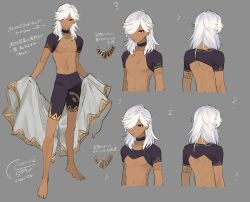 Rule 34 | 1boy, ?, choker, closed mouth, commentary request, cyno (genshin impact), dark-skinned male, dark skin, full body, genshin impact, grey background, hair between eyes, hair over one eye, highres, long hair, looking at viewer, male focus, multiple views, orange eyes, simple background, standing, tan, toned, translation request, vin rice, white hair
