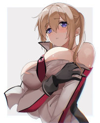 Rule 34 | 1girl, absurdres, bare shoulders, black gloves, blonde hair, breasts, cross, fathom, gloves, graf zeppelin (kancolle), hair between eyes, highres, iron cross, kantai collection, large breasts, necktie, purple eyes, sidelocks, simple background, solo, twintails, upper body, white background