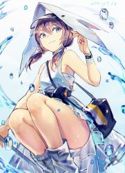 Rule 34 | 1girl, arknights, armpit crease, bag, bare legs, blue eyes, boots, bracelet, breasts, brown hair, chinese commentary, closed mouth, commentary, dated, dress, hair between eyes, hat, highres, jewelry, legs together, light smile, looking to the side, medium hair, mento, off-shoulder dress, off shoulder, purestream (arknights), shoulder bag, simple background, sleeveless, small breasts, smile, solo, squatting, tank top, thighs, twintails, visor cap, water, water drop, white background, white dress, white footwear, white hat, white tank top, wristband