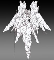 Rule 34 | beam saber, clenched hand, grey background, greyscale, gundam, gundam seed, gundam seed destiny, highres, holding, holding sword, holding weapon, looking at viewer, mecha, mechanical wings, mobile suit, monochrome, no humans, robot, solo, strike freedom gundam, sword, v-fin, weapon, wings, yuu (s graphics tri)