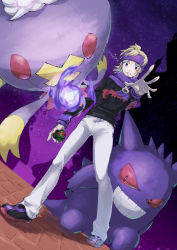 Rule 34 | 1boy, black footwear, black sweater, blonde hair, commentary request, creatures (company), drifblim, dusk ball, from below, game freak, gen 1 pokemon, gen 4 pokemon, gengar, headband, highres, holding, holding poke ball, legs apart, looking at viewer, male focus, morty (pokemon), nintendo, pants, parted lips, poke ball, pokemon, pokemon (creature), pokemon hgss, purple eyes, purple headband, purple scarf, ribbed sweater, scarf, shoes, short hair, spread fingers, standing, sweater, white pants, youki you