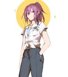 Rule 34 | 1girl, alice (bzone4), arm at side, bang dream!, belt, collared shirt, denim, hair between eyes, half-closed eyes, hand in pocket, highres, jeans, jewelry, looking at viewer, necklace, pants, ponytail, purple hair, red eyes, seta kaoru, shirt, short sleeves, sidelocks, smile, solo, sparkle, tied shirt, white background, white shirt