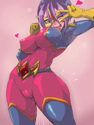 Rule 34 | 1girl, blush, bodysuit, domino mask, droite (yu-gi-oh!), covered erect nipples, looking at viewer, mask, open mouth, pussy juice, standing, tagme, teeth, tongue, v, wink, yu-gi-oh!, yuu-gi-ou, yuu-gi-ou zexal