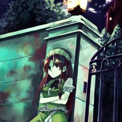 Rule 34 | 1girl, against wall, braid, chinese clothes, crossed arms, female focus, gate, hat, hong meiling, lantern, long hair, looking afar, night, red hair, ribbon, solo, takishima asaka, embodiment of scarlet devil, touhou, twin braids
