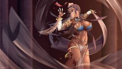 Rule 34 | 1girl, armlet, bare legs, blue eyes, breasts, circlet, cleavage, closed mouth, cowboy shot, dancer, dancing, dark-skinned female, dark skin, egyptian, egyptian clothes, fate/grand order, fate (series), female focus, gradient background, head chain, highres, jewelry, large breasts, legs, long hair, looking away, mouth veil, navel, pink headwear, purple background, purple hair, queasy s, raised eyebrows, ring, sash, scheherazade (fate), see-through, shiny skin, solo, standing, thighlet, twitter username, veil