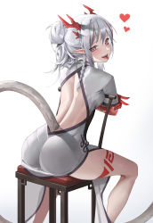 Rule 34 | 1girl, absurdres, adapted costume, arknights, ass, back cutout, braid, chair, clothing cutout, dragon girl, dragon horns, dragon tail, dress, feet out of frame, from behind, hair bun, heart, highres, horns, leg tattoo, looking at viewer, looking back, multicolored hair, nian (arknights), nian (unfettered freedom) (arknights), official alternate costume, open mouth, pointy ears, sama (sama24654684), short sleeves, simple background, sitting, solo, streaked hair, tail, tattoo, teeth, tongue, tongue out, upper teeth only, white background, white dress, white hair