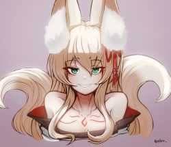 Rule 34 | 1girl, animal ear fluff, animal ears, blonde hair, breasts, cleavage, commentary, ehrrr, fox ears, fox tail, green eyes, hair ornament, highres, mon-musu quest!, aged up, simple background, solo, tail, tamamo (mon-musu quest!), twitter username