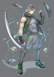 Rule 34 | 1boy, android, armor, bare arms, bare shoulders, black gloves, closed mouth, electricity, fingerless gloves, floating, floating hair, gloves, grey hair, highres, holding, holding sword, holding weapon, kilye kairi, male focus, muscular, original, red eyes, rock, scarf, solo, standing, sword, weapon, zipper pull tab