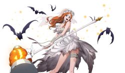 Rule 34 | 1girl, bandaged arm, bandaged leg, bandages, bare shoulders, bat (animal), bleach, bow, breasts, brown eyes, chest sarashi, cleavage, dress, halloween, huge weapon, inoue orihime, jack-o&#039;-lantern, large breasts, long hair, looking at viewer, mallet, open mouth, orange hair, pantyhose, ribbon, sarashi, smile, solo, standing, tagme, torn clothes, torn pantyhose, weapon, wedding dress
