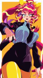 Rule 34 | 1990s (style), 1girl, absurdres, black jacket, black necktie, black skirt, border, bow, breasts, collared shirt, colored inner hair, floating hair, hair bow, hair intakes, highres, jacket, large breasts, looking at viewer, looking down, multicolored hair, nail polish, necktie, nueko829, open hands, original, outside border, pantyhose, pink hair, pink nails, ponytail, purple hair, retro artstyle, shirt, skirt, smile, solo, v-shaped eyebrows, white border, yellow background, yellow bow, yellow pantyhose