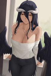 Rule 34 | 1girl, absurdres, albedo (overlord), backlighting, bare shoulders, black hair, black pants, black wings, blush, breasts, cleavage, collarbone, commentary, demon girl, demon horns, english commentary, feathered wings, hair between eyes, highres, horns, large breasts, long hair, long sleeves, looking at viewer, low wings, mixed-language commentary, off-shoulder sweater, off shoulder, overlord (maruyama), paid reward available, pants, slit pupils, smile, solo, sweater, thighs, white horns, white sweater, window, wings, yellow eyes, zaphn