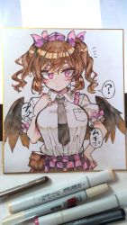 Rule 34 | 1girl, ?, black necktie, blush, bow, breast pocket, breasts, brown hair, closed mouth, collared shirt, hat, highres, himekaidou hatate, large breasts, marker (medium), necktie, pink bow, pocket, purple eyes, ringlets, shirt, short hair, short twintails, solo, speech bubble, spoken question mark, tokin hat, touhou, traditional media, translation request, tsukeo, twintails, white shirt