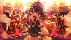 Rule 34 | 1girl, belt, blue eyes, blue hair, earrings, fang, game cg, ganaha hibiki, glowstick, hair ornament, idol, idolmaster, idolmaster million live!, idolmaster million live! theater days, jewelry, microphone, music, navel, official art, open mouth, ponytail, singing, solo, stage lights