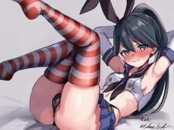 Rule 34 | 1girl, artist name, black hair, black hairband, black neckerchief, black panties, blue eyes, blue sailor collar, blue skirt, blush, cameltoe, cosplay, crop top, eckert&amp;eich, elbow gloves, exercising, gloves, hairband, highleg, highleg panties, houshou (kancolle), kantai collection, long hair, looking at viewer, microskirt, miniskirt, neckerchief, nose blush, panties, pleated skirt, ponytail, sailor collar, shimakaze (kancolle), shimakaze (kancolle) (cosplay), shirt, sit-up, skirt, sleeveless, sleeveless shirt, smile, solo, striped clothes, striped thighhighs, struggling, thighhighs, twitter username, underwear, white gloves