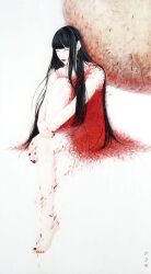 Rule 34 | 1girl, bare legs, bare shoulders, barefoot, black hair, blunt bangs, chouji beniko, circle, dissolving clothes, dress, earrings, expressionless, full body, highres, jewelry, knee up, lipstick, long hair, makeup, nail polish, original, petals, red dress, red lips, red nails, seal impression, signature, sitting, sleeveless, sleeveless dress, solo, toenail polish, toenails, very long hair, white background, white eyes