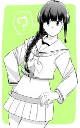 Rule 34 | 1girl, ?, blunt bangs, braid, cowboy shot, green theme, greyscale, groin, hair over shoulder, hands on own hips, highres, kantai collection, kitakami (kancolle), long hair, looking at viewer, midriff, monochrome, navel, neckerchief, pleated skirt, remodel (kantai collection), school uniform, serafuku, sidelocks, single braid, skirt, solo, spoken question mark, spot color, tanaka io (craftstudio)