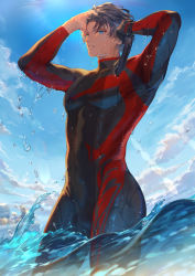 Rule 34 | 1boy, arms up, bartholomew roberts (fate), black bodysuit, black gloves, black hair, blue eyes, bodysuit, commentary request, cowboy shot, day, diving suit, fate/grand order, fate (series), from below, gloves, unworn gloves, hand in own hair, highres, holding, holding clothes, holding gloves, looking at viewer, looking down, male focus, mashuu (neko no oyashiro), multicolored bodysuit, multicolored clothes, outdoors, parted lips, red bodysuit, skin tight, smile, solo, swimsuit, teeth, wading, water, water drop, wet, wet hair