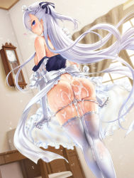 Rule 34 | 1girl, ass, azur lane, back, bare shoulders, belfast (azur lane), blue eyes, blush, braid, breasts, cum, cum in pussy, cum on body, french braid, highres, hisasi, large breasts, long hair, looking at viewer, looking back, off shoulder, panties, panty pull, solo, thighhighs, thighs, underwear, white hair, white panties, white thighhighs