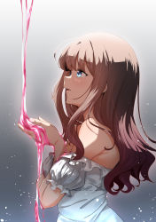 Rule 34 | 1girl, absurdres, assault lily, bare shoulders, blue eyes, breasts, brown hair, commentary request, cupping hands, dress, fingernails, frilled dress, frilled sleeves, frills, from side, gradient background, grey background, hands up, highres, kaede johan nouvel, light particles, liquid, long hair, looking away, medium breasts, musihara, off-shoulder dress, off shoulder, own hands together, parted lips, profile, puffy short sleeves, puffy sleeves, short sleeves, sidelocks, solo, upper body, wavy hair, white dress