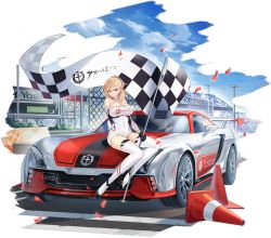 Rule 34 | 1girl, azur lane, bare shoulders, black gloves, blonde hair, breasts, car, checkered flag, cleavage, clothing cutout, company name, detached sleeves, enka (bcat), expressions, flag, full body, gloves, halterneck, high heels, highres, holding, holding flag, large breasts, logo, long hair, looking at viewer, motor vehicle, official alternate costume, official art, on vehicle, prince of wales (azur lane), prince of wales (the laureate&#039;s victory lap) (azur lane), race queen, red eyes, shoes, sitting, skin tight, skindentation, smile, solo, thighhighs, transparent background, underboob cutout, vehicle focus, white thighhighs