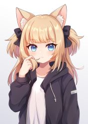 Rule 34 | 1girl, animal ear fluff, animal ears, black hoodie, blue eyes, bow, cat ears, dokumi, flat chest, hair bow, holding, holding own hair, hood, hood down, hoodie, light brown hair, long hair, long sleeves, looking at viewer, open clothes, open hoodie, original, shirt, two side up, upper body, white shirt