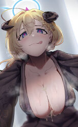 Rule 34 | 1girl, :q, after paizuri, ahoge, akari (blue archive), arm support, backlighting, black flower, black rose, blonde hair, blue archive, blue eyes, blue halo, blurry, braid, breasts, breath, cleavage, closed mouth, cum, cum on body, cum on breasts, cum on upper body, dated, depth of field, flower, french braid, from below, hair behind ear, hair flower, hair ornament, halo, hanging breasts, highres, horns, huge breasts, looking at viewer, mikichika, naughty face, pink pupils, rose, saliva, solo, steaming body, sweat, tongue, tongue out
