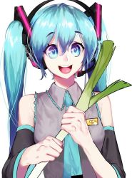 Rule 34 | 1girl, :d, bare shoulders, blue eyes, blue necktie, breasts, commentary, detached sleeves, dizim, english commentary, eyelashes, food, grey shirt, hair between eyes, happy, hatsune miku, heart, heart-shaped pupils, highres, holding, holding food, holding spring onion, holding vegetable, long hair, looking afar, multicolored eyes, necktie, open mouth, purple eyes, shirt, simple background, sleeveless, sleeveless shirt, small breasts, smile, solo, spring onion, standing, straight hair, symbol-shaped pupils, teeth, tongue, twintails, upper body, upper teeth only, vegetable, very long hair, vocaloid, white background